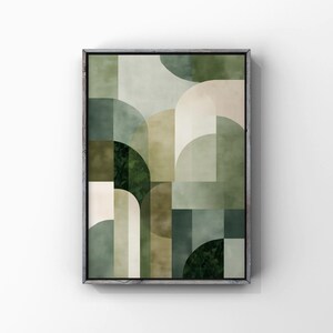 Könnte beinhalten: Gerahmtes abstraktes Kunstwerk mit geometrischem Design. Das Bild zeigt ein Muster aus sich überlappenden Formen in verschiedenen Grün-, Beige- und Weißtönen. Das Design umfasst Bögen, Rechtecke und geschwungene Linien, die eine moderne künstlerische Komposition bilden.