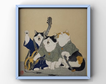 Guitarist Cats Japanese Art Print – Rock Band Cat Poster (Digital Download)