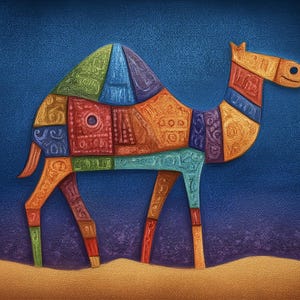 May include: A colorful, stylized illustration of a camel standing on sand against a deep blue background. The camel is segmented with various patterns and colors, including orange, green, blue, and purple. The artwork has a textured, painted appearance.
