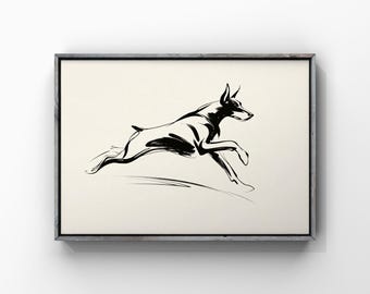 Running Doberman Pinscher Line Art Print, Ink Brush Dog Sketch Drawing, Minimalist Pet Lover Poster, Nursery Wall Decor, Digital Download