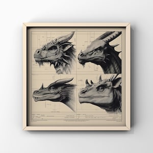 May include: Framed art print featuring four detailed dragon head illustrations in black and white. The dragon portraits are set against a blueprint-style background, with a cream-colored frame.
