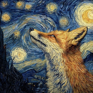 Puede incluir: Pintura digital de un zorro mirando hacia el cielo estrellado, al estilo de Van Gogh. El zorro tiene pelaje naranja y crema, con un ojo azul. El fondo presenta pinceladas arremolinadas azules y amarillas, con una silueta de pueblo.