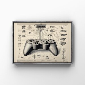 May include: Framed print featuring a detailed diagram of a video game controller. The illustration is in grayscale, with the controller prominently displayed in the center, connected by wires to various components. The artwork is set against a beige background.