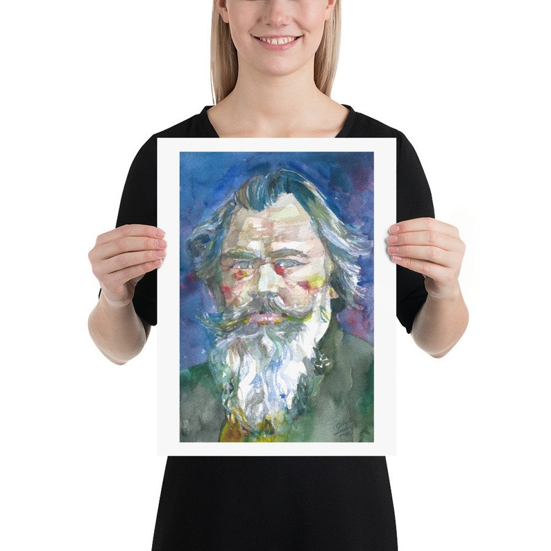 May include: Watercolor painting of a man with a long white beard and mustache. He is wearing a dark green jacket and has a blue background.