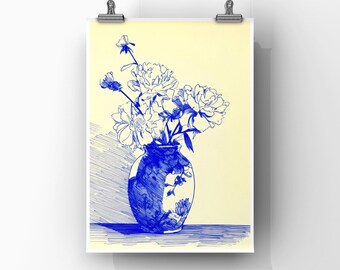 Blue Ink Floral Vase Print, Still Life Poster (Digital Download)
