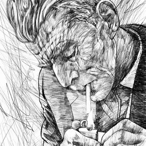 SAMUEL BECKETT allumant une cigarette - portrait au crayon - POSTER - différentes tailles disponibles! Graveur de peinture
