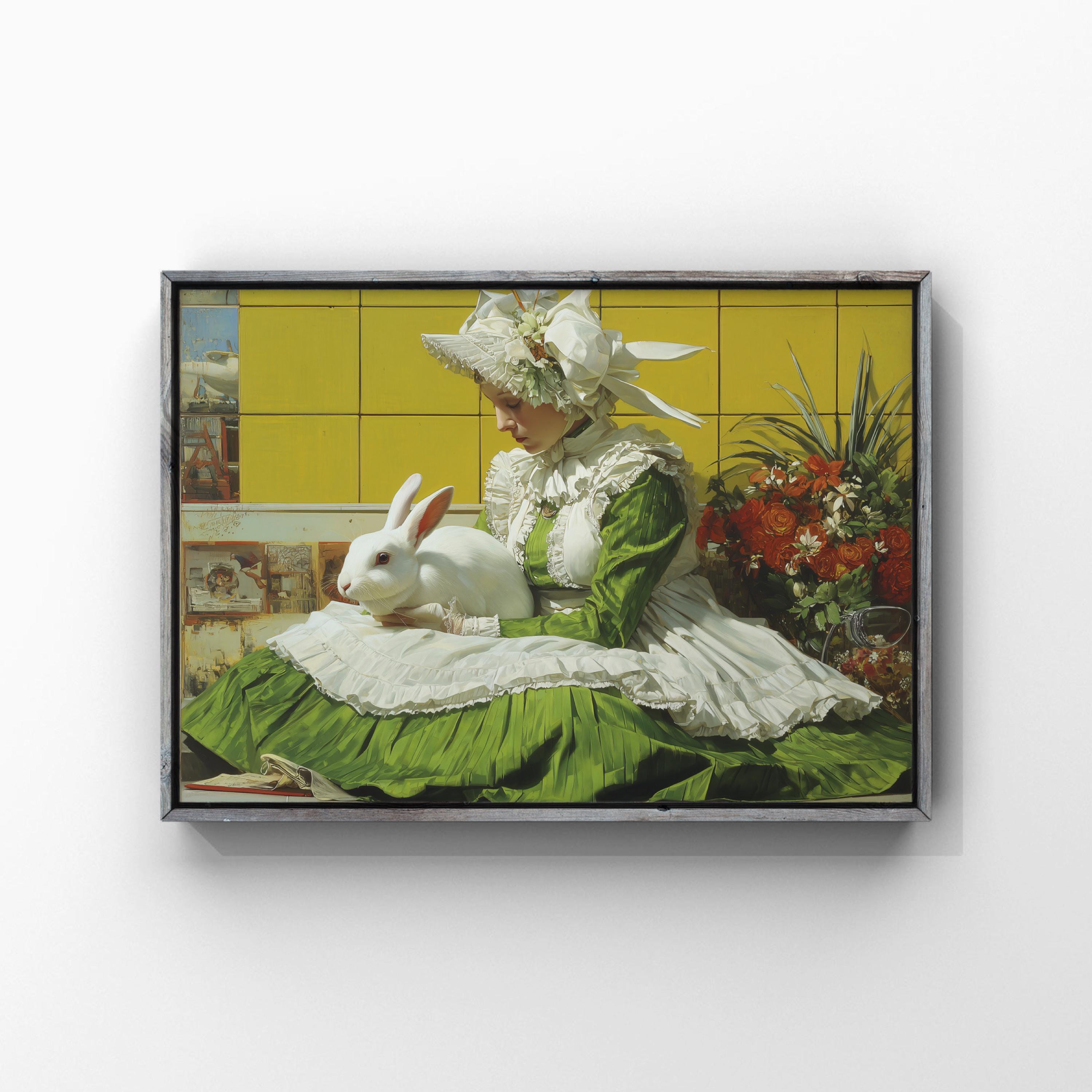 Victorian Woman With White Rabbit Poster, Green Dress, Floral Wall Art ...