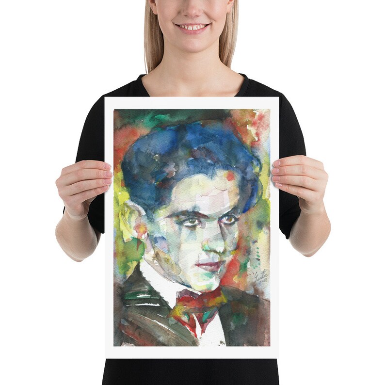 May include: Watercolour painting of a man with dark hair and a red bow tie. The painting is done in a colourful style with shades of blue, green, yellow, and red.