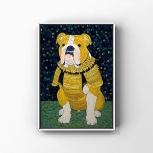 May include: A framed art print of a bulldog illustration. The dog is rendered in yellow, white, and black, wearing a gold and black decorative outfit. The background is dark blue with small, colourful dots, and the base is green.