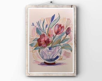 Impressão artística de buquê floral vibrante, pôster de vaso de flores encantador.
