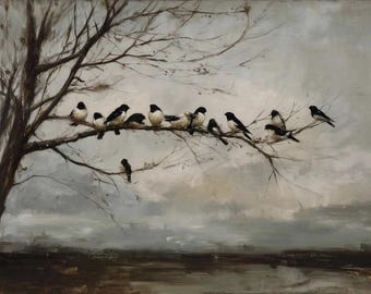 Birds on Branch Poster, Vintage Painting Wall Art