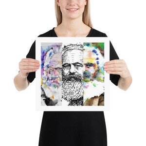 May include: A watercolor painting of three men with beards. The central figure is in black and white, while the figures on either side are in colorful watercolor. The painting is divided into three vertical sections.