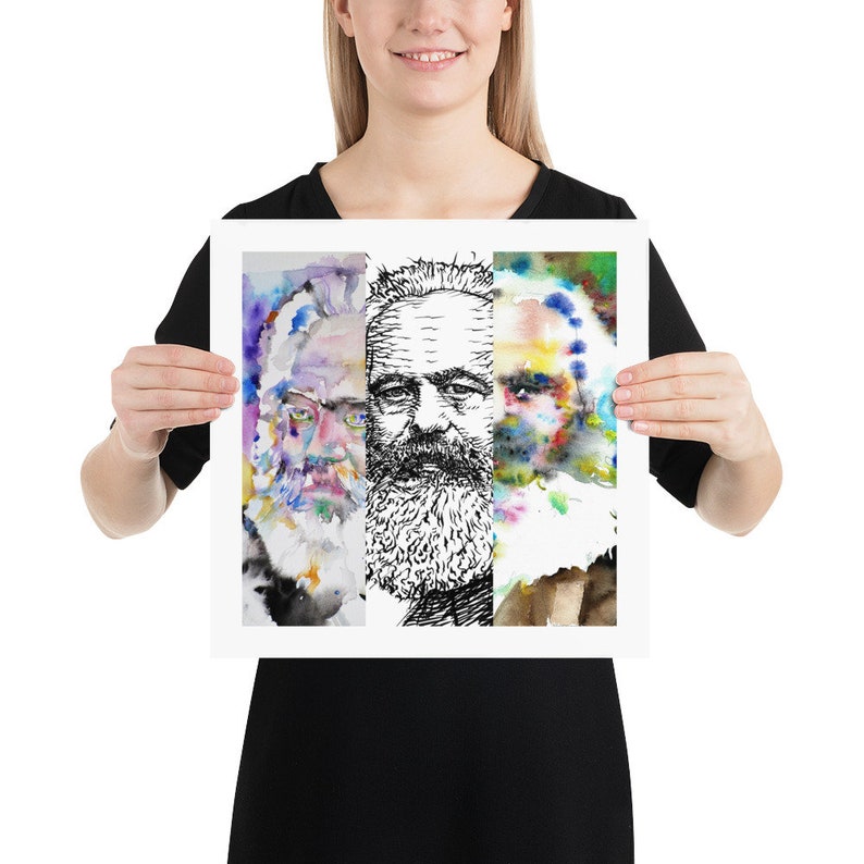 May include: A watercolor painting of three men with beards. The central figure is in black and white, while the figures on either side are in colorful watercolor. The painting is divided into three vertical sections.