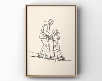 Ski Instructor Art, Father and Son Decor, Minimalist Skiing Poster, Continuous Line Drawing, Family Winter Sport Artwork, Digital Download