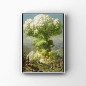 Pode incluir: Uma impressão artística emoldurada retrata uma grande explosão estilizada em uma paisagem. A explosão é renderizada em tons de verde e branco, assemelhando-se a uma couve-flor gigante. O fundo apresenta uma cena rural com montanhas e edifícios.