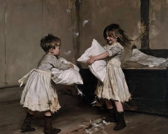 Vintage Pillow Fight Poster, Antique Children Oil Painting Print, Fine Art Bedroom Decor, Moody Canvas Print, Nostalgic Kids Wall Art