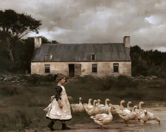 Girl Walking with Geese poster, Dark Cottagecore Poster, Neutral Tone Wall Art, Rustic Countryside House Art, Moody Wall Print