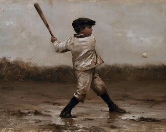Vintage Boy Playing Baseball Poster, Antique Oil Painting Print, Retro Sports Wall Art, Moody Canvas Print, Academic Art, Boys Bedroom Decor