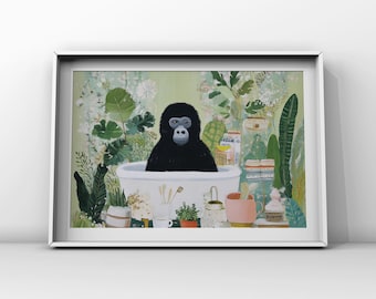 Gorilla in Bathtub Print - Whimsical Bathroom Animal Art (Digital Download)