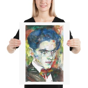 May include: Watercolour painting of a man with dark blue hair, wearing a dark suit and a red bow tie. The painting is done in a colourful style with shades of blue, green, yellow, and red.