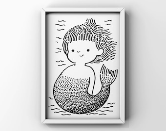 Childlike Mermaid Poster – Black and White siren Art Print