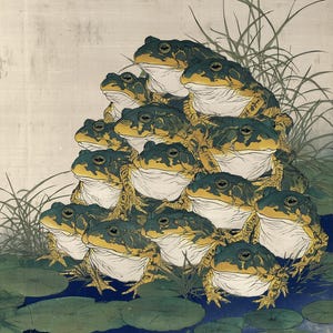Puede incluir: Una impresión japonesa vintage en madera que presenta un grupo de ranas. Las ranas, con marcas verdes y amarillas, están apiladas unas sobre otras. El fondo incluye nenúfares, agua y hierba alta verde.