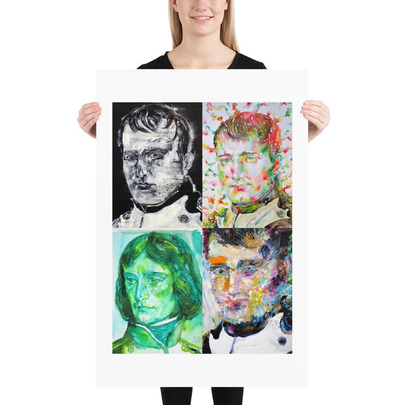 May include: A collage of four paintings of Napoleon Bonaparte. Each painting is in a different style, with one in black and white, one in a colorful abstract style, one in a green and white style, and one in a colorful abstract style.