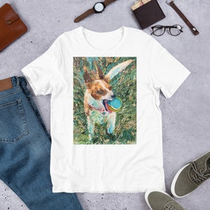 Koszulka unisex - JACK RUSSELL TERRIER bawiący się piłką - portret olejny - pies psy koszulka koszulka koszulki mężczyzna kobieta koszule wizytowe