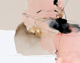 Ballerina Watercolor Print, Ballet Wall Art, Abstract Dancer Poster, Minimalist Canvas Painting, Elegant Black Tutu, Pink Gold Leaf Decor