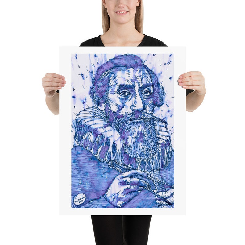 May include: A blue and purple ink drawing of a man with a beard and a ruff collar. The drawing is done in a detailed style and has a vintage feel.
