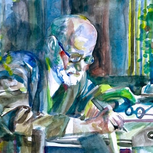 SIGMUND FREUD writing - watercolor portrait  - POSTER - various sizes ! art print
