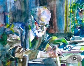 SIGMUND FREUD writing - watercolor portrait  - POSTER - various sizes ! art print
