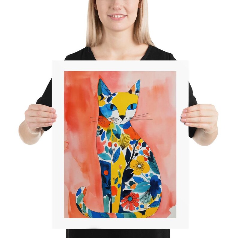 Colorful Floral Cat Art Print, Whimsical Animal Nursery Wall Decor, Cat ...