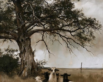 Goats Resting Under a Tree poster, Vintage farmhouse wall art, Country landscape print, Cute animal art print, Cottagecore decor