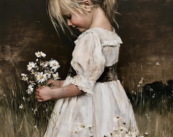 Vintage young Girl Holding Daisies Poster, Antique Child Oil Painting Print, Wildflower Meadow Wall Art, Moody Canvas Print, Academic Art
