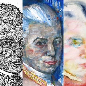 Three Times WOLFGANG AMADEUS MOZART - collage Poster painting - various sizes ! art print