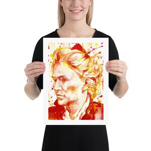 Puede incluir: Pintura al agua de una persona con cabello rubio, vestida con un atuendo rojo y amarillo. La pintura est&aacute; realizada en un estilo que recuerda al arte japon&eacute;s.