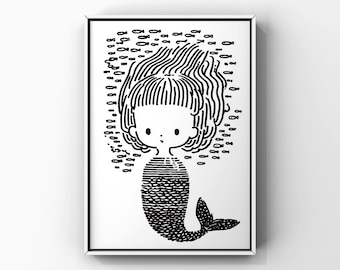 Whimsical Mermaid Poster – Black and White Cartoon Art Print