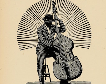 Jazz Musician Upright Bass Poster, Black and White Portrait Art Print