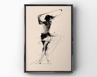 Female Golfer Swing Line Art Print, Ink Brush Woman Golf Player Sketch Drawing, Sports Lover Poster, Country Club Decor, Digital Download
