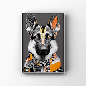 Póster con retrato de pastor alemán estilo patchwork, lámina artística de perro vibrante, decoración de pared única (descarga digital)