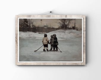 Children Playing Hockey Art Print, Winter Sports Poster