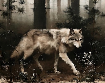 Lone Wolf in a Misty Forest poster, Timber wolf canvas print, Misty pine forest wall decor, Wild animal artwork, fine art rustic home decor