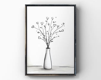 Minimalist Flower Vase Print, Black and White Sketch (Digital Download)