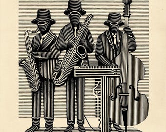 Jazz Trio Art Print, Striped Suits, Saxophone, Double Bass
