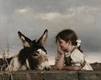 Girl whispering to donkey on Stone Wall poster, Vintage farmhouse wall art, Country girl print, Cute animal art print, Cottagecore decor