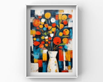 Impressão artística de natureza morta floral vibrante, vaso colorido (download digital)