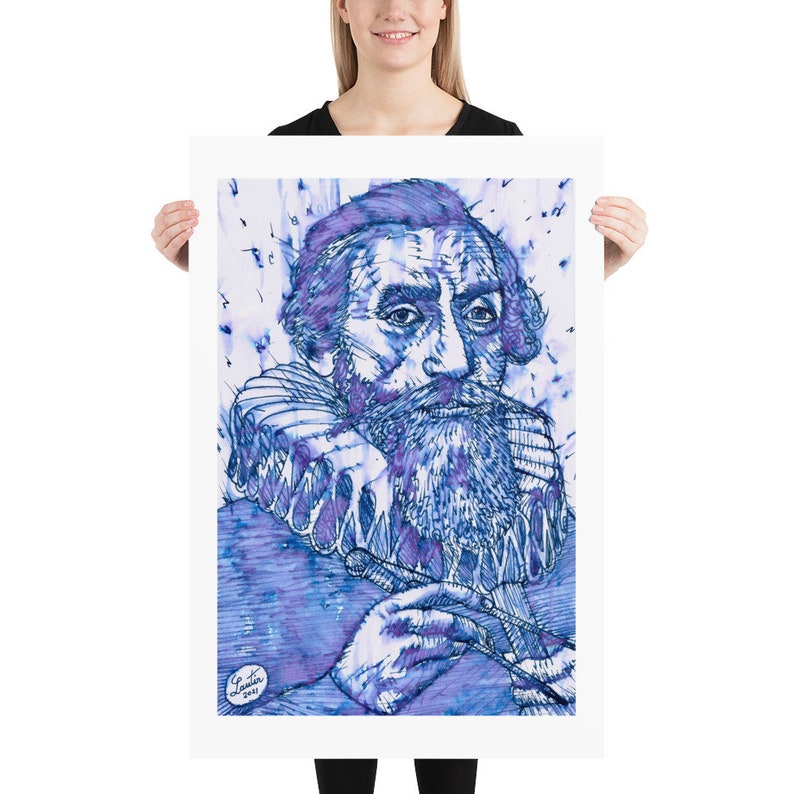 May include: A blue ink drawing of a man with a beard and a ruff collar. The drawing is done in a style reminiscent of a woodcut. The artist's signature and the year 2021 are visible in the bottom left corner.