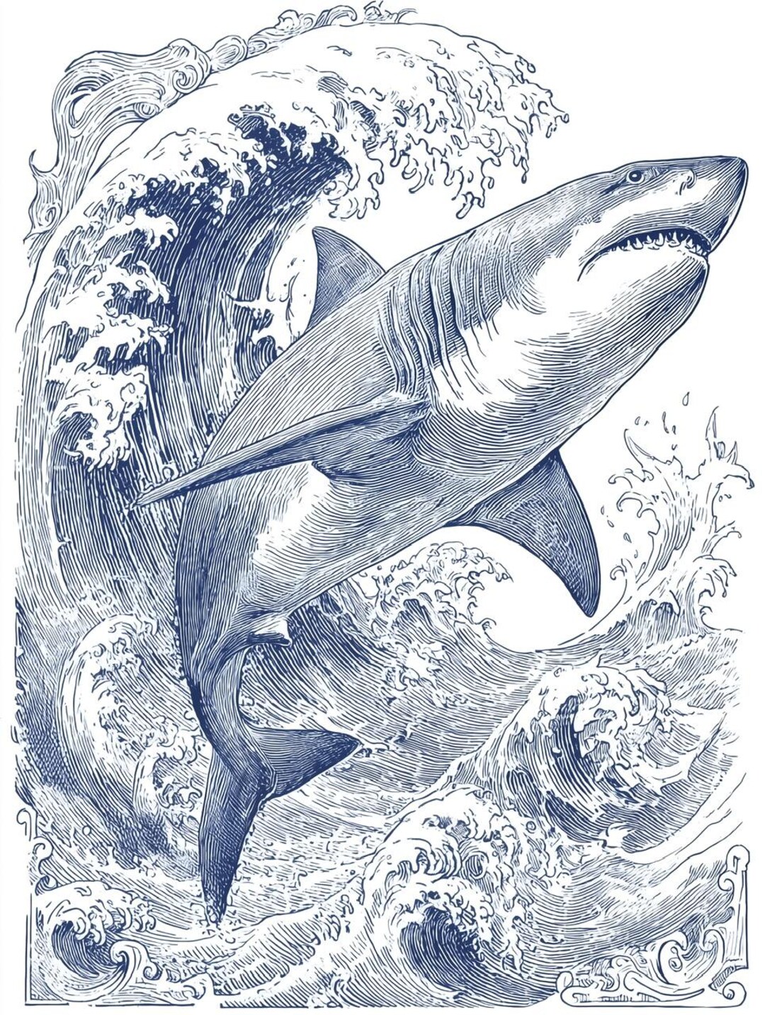 サメのインク画ポスター、海洋アートプリント - Etsy 日本