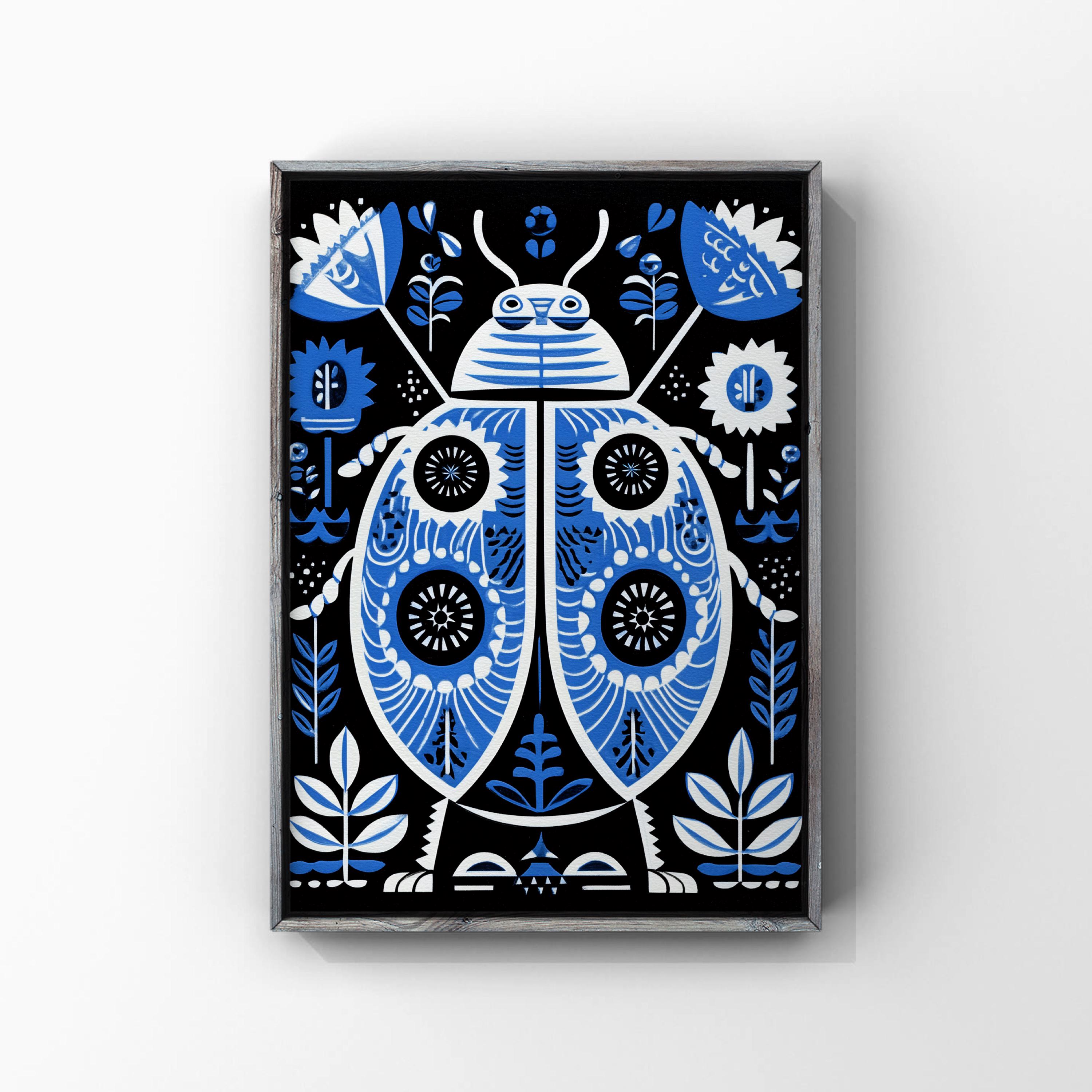 Blue Floral Ladybug Poster, Folk Art Insect Wall Art, Nursery Decor ...